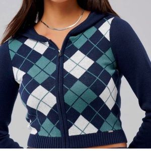 Hollister Co. Navy and Green Argile Zip-up Sweater - Size Medium